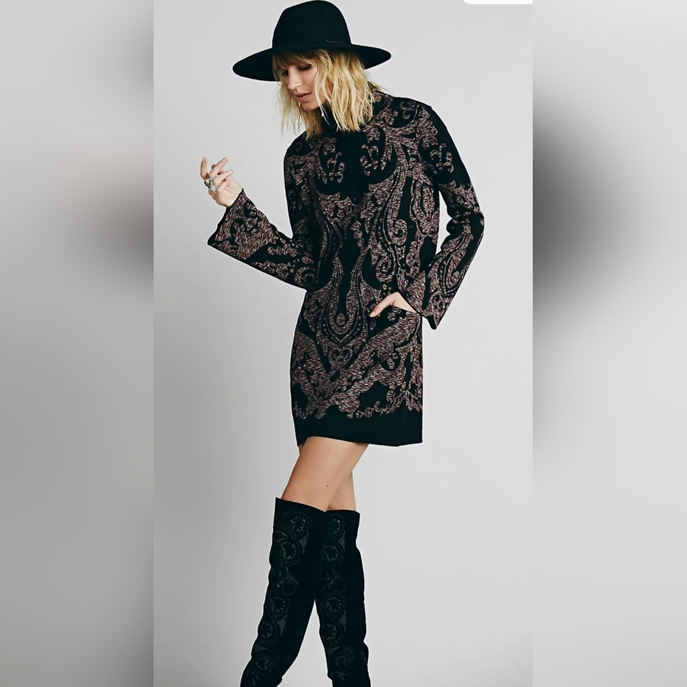 Free People Modern Love Mini Dress Womens M Black & Multi Mock Neck Sweater Dres - Picture 2 of 14